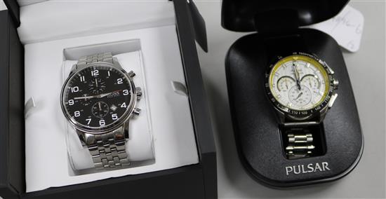 A modern Hugo Boss chronograph watch with box and papers and a Pulsar watch with box.